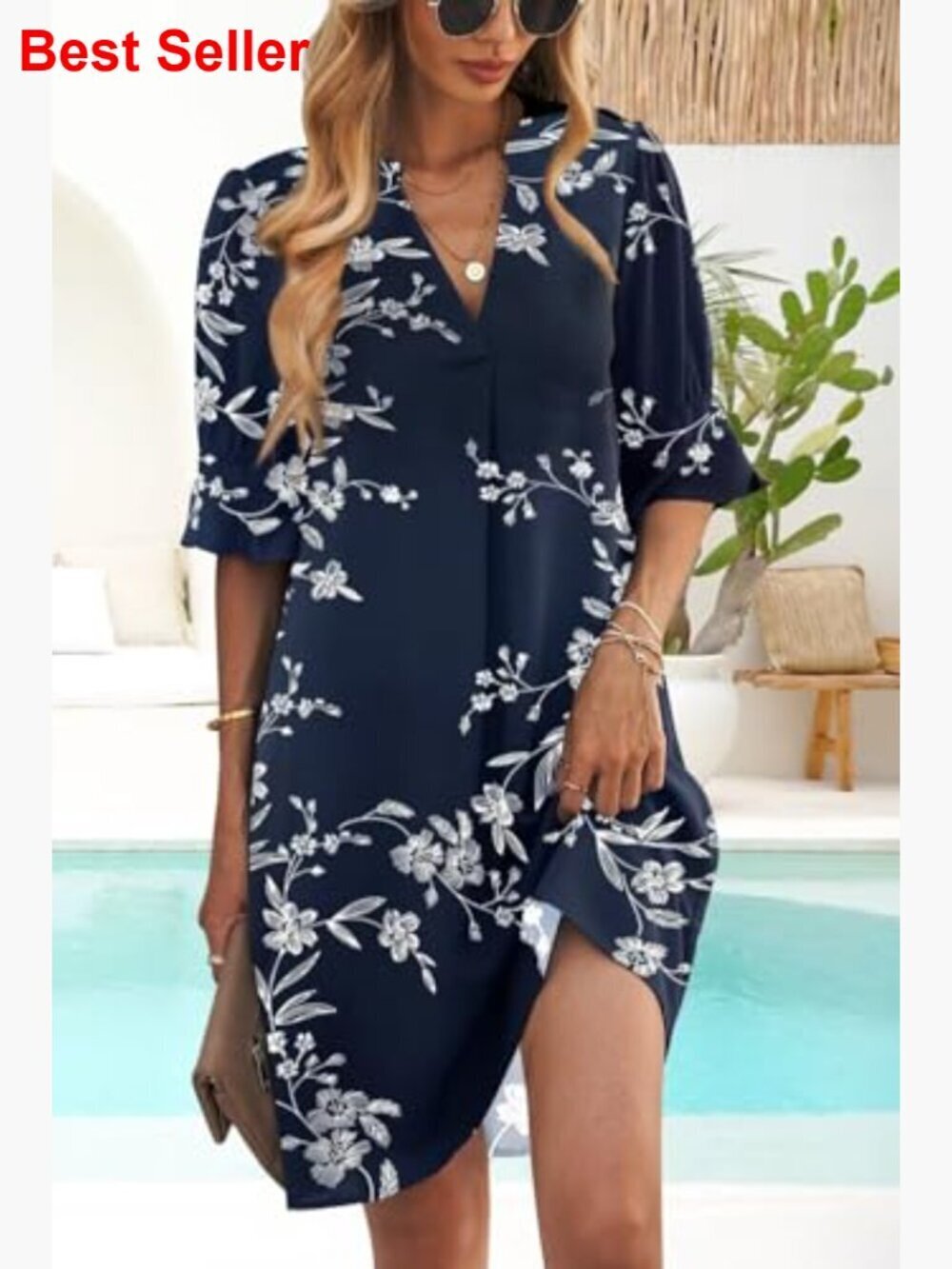 Polyester V-Neck Ruffled Sleeve Shift Dress Casual Summer - Picture 4 of 7